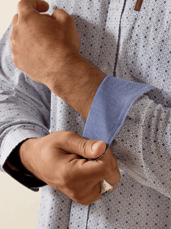 Ariat 10072728 Mens Mercer Modern Fit Shirt Geo Cube Print Silver Grey cuff view. If you need any assistance with this item or the purchase of this item please call us at five six one seven four eight eight eight zero one Monday through Saturday 10:00a.m EST to 8:00 p.m EST