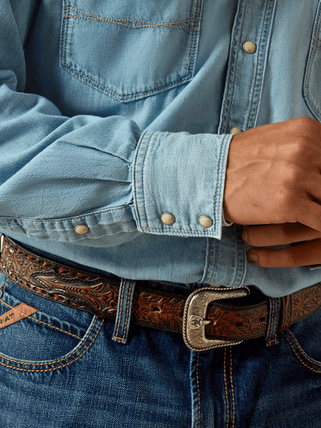 Ariat 10072942 Mens Classic Cowboy Shirt Brody Light Blue cuff view. If you need any assistance with this item or the purchase of this item please call us at five six one seven four eight eight eight zero one Monday through Saturday 10:00a.m EST to 8:00 p.m EST