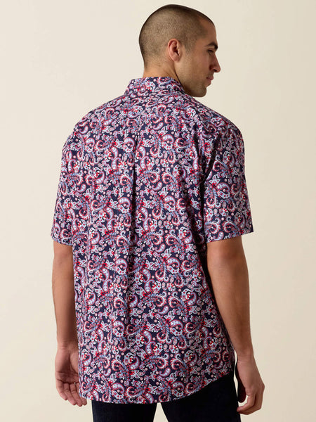 Ariat 10073590 Mens Bennie Classic Fit Short Sleeve Paisley Print Shirt Navy back view. If you need any assistance with this item or the purchase of this item please call us at five six one seven four eight eight eight zero one Monday through Saturday 10:00a.m EST to 8:00 p.m EST