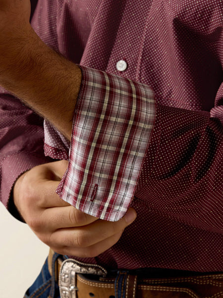 Ariat 10073682 Mens Wrinkle Free Wrenly Classic Fit Long Sleeve Shirt Wine cuff view. If you need any assistance with this item or the purchase of this item please call us at five six one seven four eight eight eight zero one Monday through Saturday 10:00a.m EST to 8:00 p.m EST