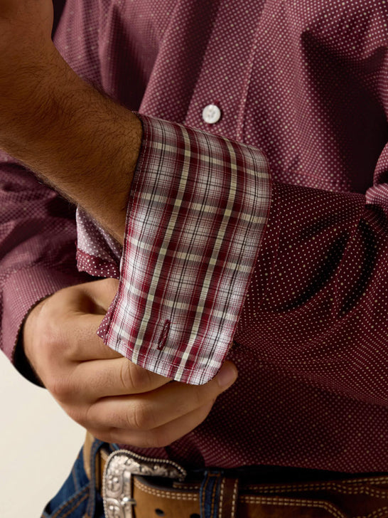 Ariat 10073682 Mens Wrinkle Free Wrenly Classic Fit Long Sleeve Shirt Wine cuff view. If you need any assistance with this item or the purchase of this item please call us at five six one seven four eight eight eight zero one Monday through Saturday 10:00a.m EST to 8:00 p.m EST