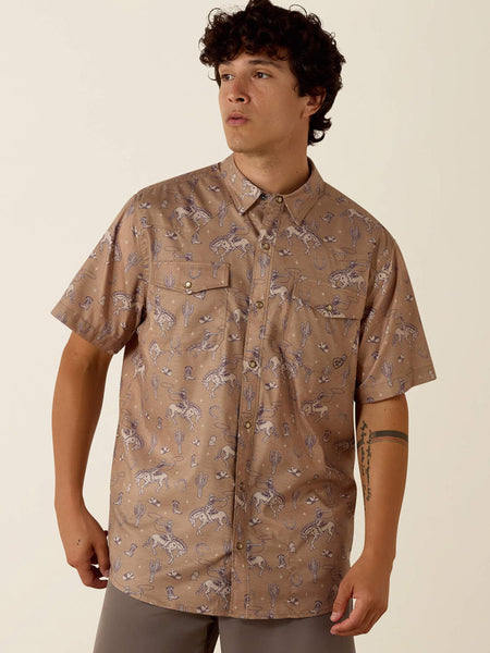 Ariat 10073869 Mens Printed VentTEK Western Fitted Snap Shirt Cartouche Tan front view. If you need any assistance with this item or the purchase of this item please call us at five six one seven four eight eight eight zero one Monday through Saturday 10:00a.m EST to 8:00 p.m EST