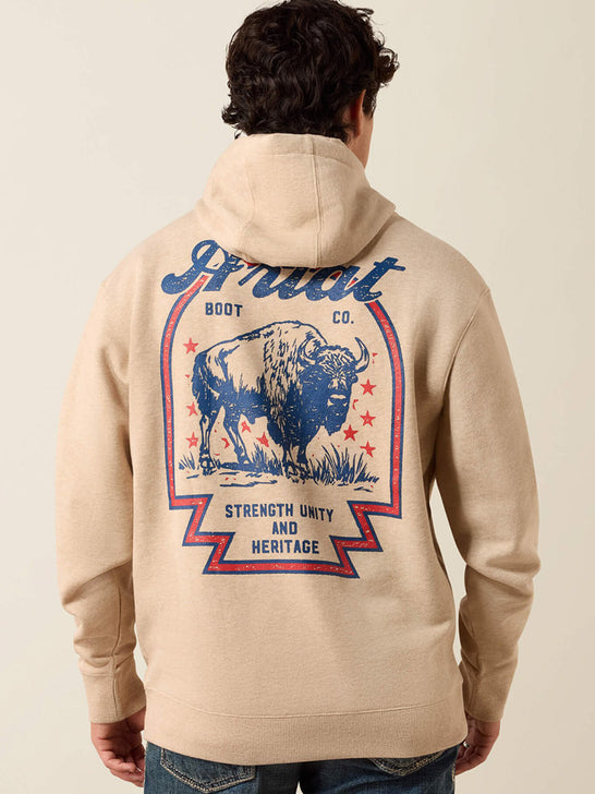 Ariat 10079249 Mens Bison Archer Hoodie Oatmeal Tan back view. If you need any assistance with this item or the purchase of this item please call us at five six one seven four eight eight eight zero one Monday through Saturday 10:00a.m EST to 8:00 p.m EST