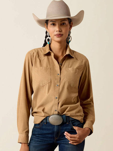 Ariat 10079396 Womens Billie Jean Shirt Tigers Eye Tan Front view. If you need any assistance with this item or the purchase of this item please call us at five six one seven four eight eight eight zero one Monday through Saturday 10:00a.m EST to 8:00 p.m EST