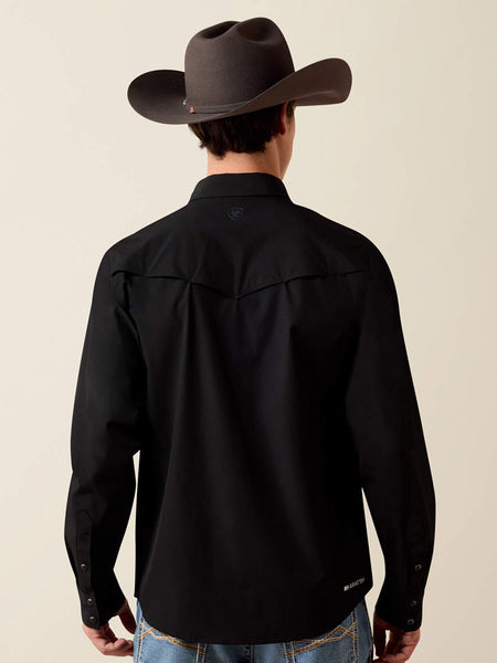 Ariat 10079800 Mens FrontierTough VentTEK Western Fitted Snap Shirt Black back view. If you need any assistance with this item or the purchase of this item please call us at five six one seven four eight eight eight zero one Monday through Saturday 10:00a.m EST to 8:00 p.m EST