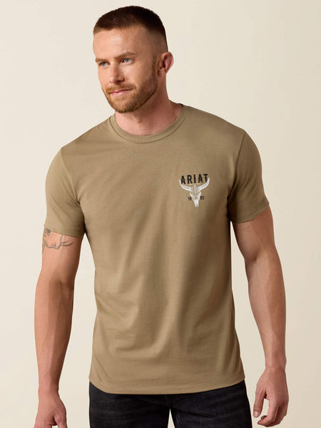 Ariat 10080708 Mens Best Longhorn T-Shirt Fallen Rock Tan front view. If you need any assistance with this item or the purchase of this item please call us at five six one seven four eight eight eight zero one Monday through Saturday 10:00a.m EST to 8:00 p.m EST
