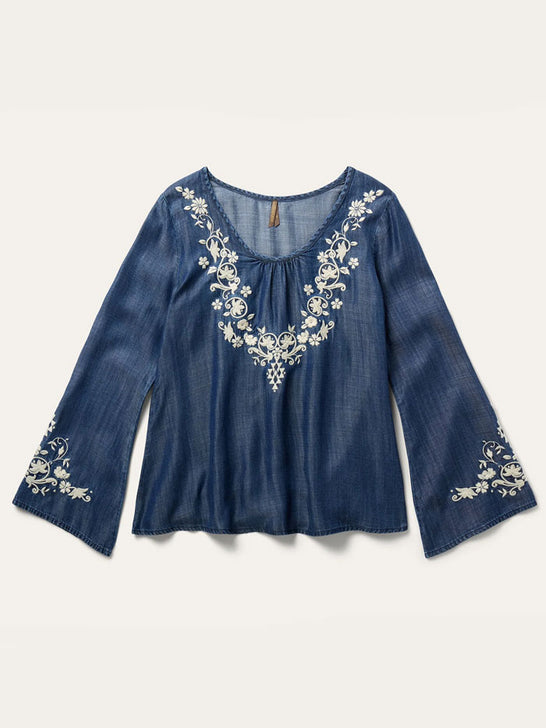 Stetson 11-050-0565-2042 Womens Embroidered Peasant Blouse Denim alternate front view. If you need any assistance with this item or the purchase of this item please call us at five six one seven four eight eight eight zero one Monday through Saturday 10:00a.m EST to 8:00 p.m EST