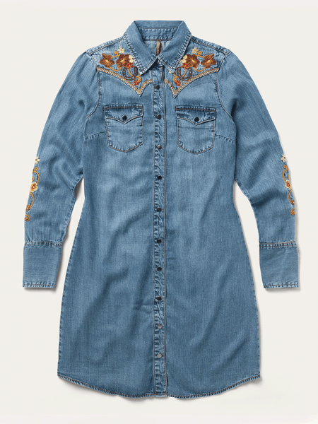 Stetson 11-057-0565-7084 Womens Embroidered Western Shirt Dress Blue front view. If you need any assistance with this item or the purchase of this item please call us at five six one seven four eight eight eight zero one Monday through Saturday 10:00a.m EST to 8:00 p.m EST