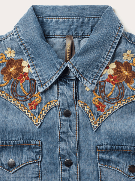 Stetson 11-057-0565-7084 Womens Embroidered Western Shirt Dress Blue front close up. If you need any assistance with this item or the purchase of this item please call us at five six one seven four eight eight eight zero one Monday through Saturday 10:00a.m EST to 8:00 p.m EST