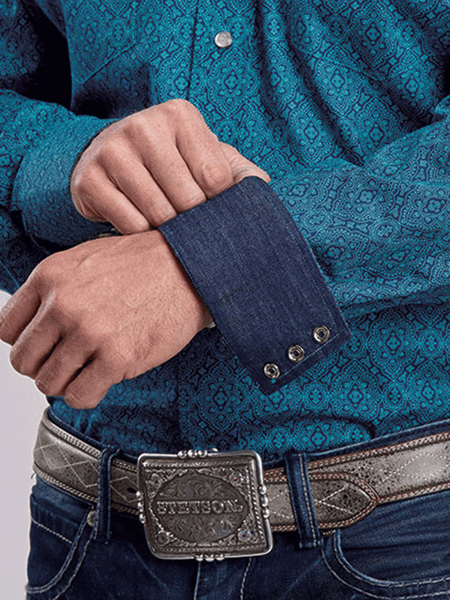 Stetson 11-001-0425-1064 Mens Teal Medallion Snap Western Shirt Blue close up. If you need any assistance with this item or the purchase of this item please call us at five six one seven four eight eight eight zero one Monday through Saturday 10:00a.m EST to 8:00 p.m EST