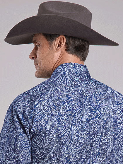 Stetson 11-001-0425-6047 Mens Plume Paisley Print Western Shirt Blue back view. If you need any assistance with this item or the purchase of this item please call us at five six one seven four eight eight eight zero one Monday through Saturday 10:00a.m EST to 8:00 p.m EST