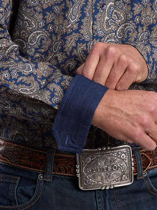 Stetson 11-001-0526-6059 Mens Paisley Print Western Shirt Navy Gold close up. If you need any assistance with this item or the purchase of this item please call us at five six one seven four eight eight eight zero one Monday through Saturday 10:00a.m EST to 8:00 p.m EST