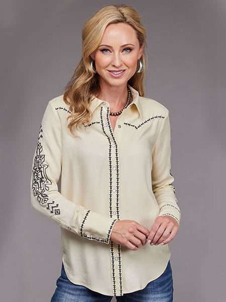 Stetson 11-050-0565-0557 Womens Embroidery Applique Long Sleeve Blouse Cream front view. If you need any assistance with this item or the purchase of this item please call us at five six one seven four eight eight eight zero one Monday through Saturday 10:00a.m EST to 8:00 p.m EST