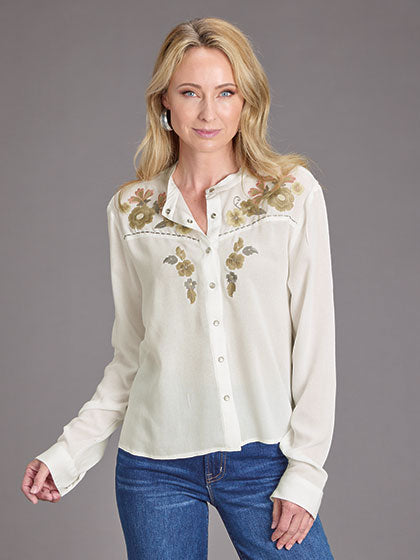 Stetson 11-050-0565-2078 Womens Embroidered Crepe Shirt White front view. If you need any assistance with this item or the purchase of this item please call us at five six one seven four eight eight eight zero one Monday through Saturday 10:00a.m EST to 8:00 p.m EST