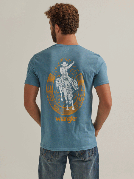 Wrangler 112344148 Mens Cowboy Horseshoe Graphic T-Shirt Medium Blue Heather back view. If you need any assistance with this item or the purchase of this item please call us at five six one seven four eight eight eight zero one Monday through Saturday 10:00a.m EST to 8:00 p.m EST