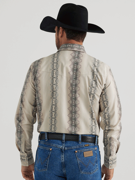 Wrangler 112344418 Mens Checotah Western Long Sleeve Shirt Tan back view. If you need any assistance with this item or the purchase of this item please call us at five six one seven four eight eight eight zero one Monday through Saturday 10:00a.m EST to 8:00 p.m EST