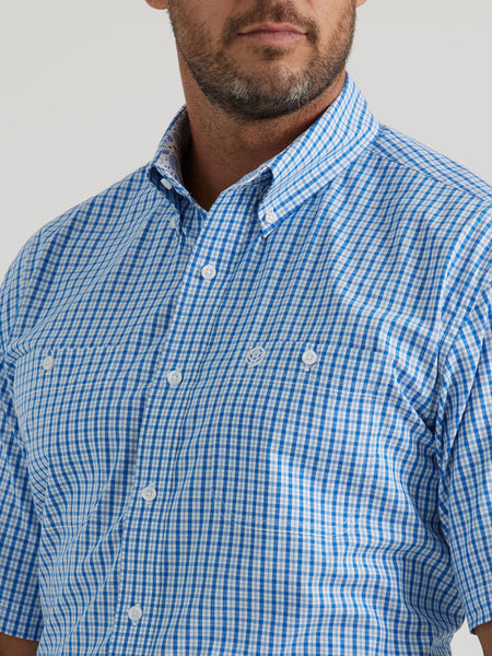 Wrangler 112344898 Mens George Strait Collection Short Sleeve Western Shirt Blue front close up. If you need any assistance with this item or the purchase of this item please call us at five six one seven four eight eight eight zero one Monday through Saturday 10:00a.m EST to 8:00 p.m EST