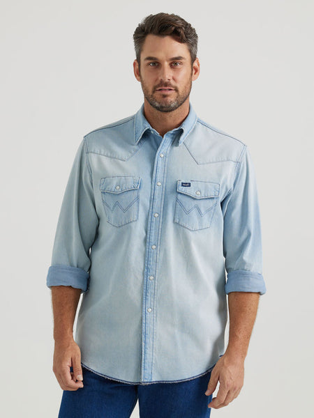 Wrangler 112345087 Mens Vintage-Inspired Western Snap Workshirt Light Wash front view. If you need any assistance with this item or the purchase of this item please call us at five six one seven four eight eight eight zero one Monday through Saturday 10:00a.m EST to 8:00 p.m EST