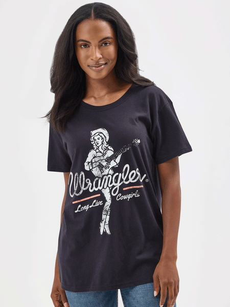 Wrangler 112354395 Womens Long Live Cowgirls Tee Black front view. If you need any assistance with this item or the purchase of this item please call us at five six one seven four eight eight eight zero one Monday through Saturday 10:00a.m EST to 8:00 p.m EST