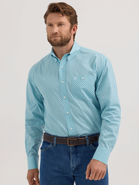 Wrangler 112355323 Mens Long Sleeve Relaxed Fit Western Shirt Light Blue front. If you need any assistance with this item or the purchase of this item please call us at five six one seven four eight eight eight zero one Monday through Saturday 10:00a.m EST to 8:00 p.m EST