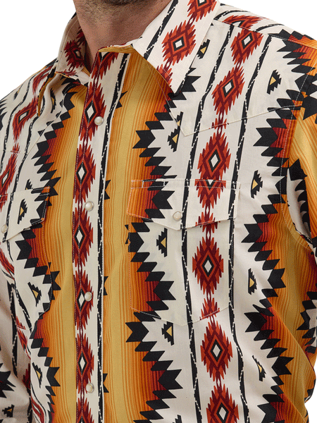 Wrangler 112355378 Mens Checotah Long Sleeve Western Shirt Gold front close up view. If you need any assistance with this item or the purchase of this item please call us at five six one seven four eight eight eight zero one Monday through Saturday 10:00a.m EST to 8:00 p.m EST