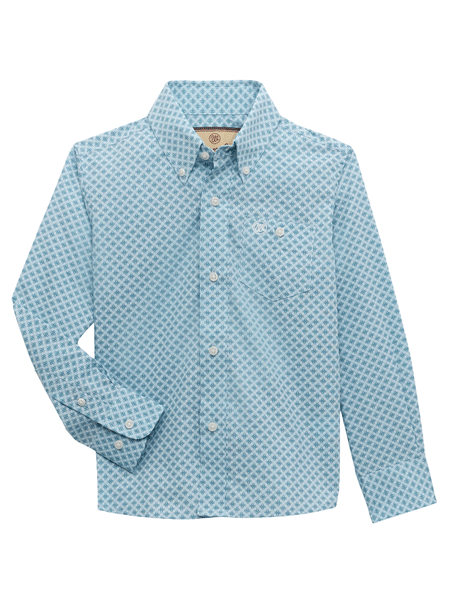 Wrangler 112356521 Kids Classic Long Sleeve Shirt Light Blue front view. If you need any assistance with this item or the purchase of this item please call us at five six one seven four eight eight eight zero one Monday through Saturday 10:00a.m EST to 8:00 p.m EST