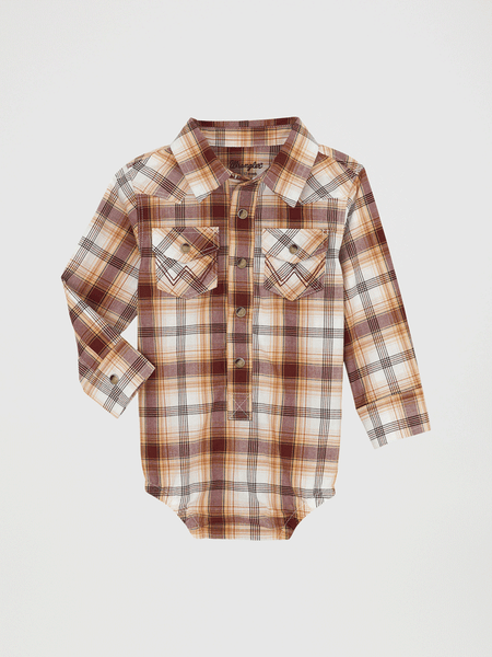 Wrangler 112359650 Infants Long Sleeve Western Bodysuit Brown front view. If you need any assistance with this item or the purchase of this item please call us at five six one seven four eight eight eight zero one Monday through Saturday 10:00a.m EST to 8:00 p.m EST