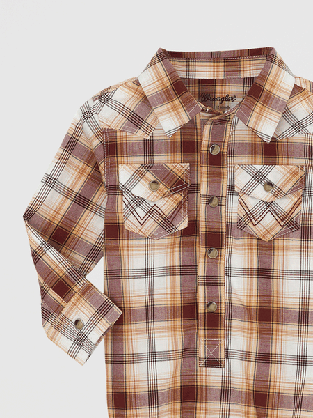 Wrangler 112359650 Infants Long Sleeve Western Bodysuit Brown front close up. If you need any assistance with this item or the purchase of this item please call us at five six one seven four eight eight eight zero one Monday through Saturday 10:00a.m EST to 8:00 p.m EST