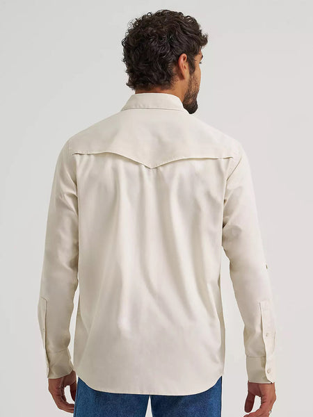 Wrangler 112360557 Mens ATG Drover Utility Shirt Pelican Beige back view. If you need any assistance with this item or the purchase of this item please call us at five six one seven four eight eight eight zero one Monday through Saturday 10:00a.m EST to 8:00 p.m EST