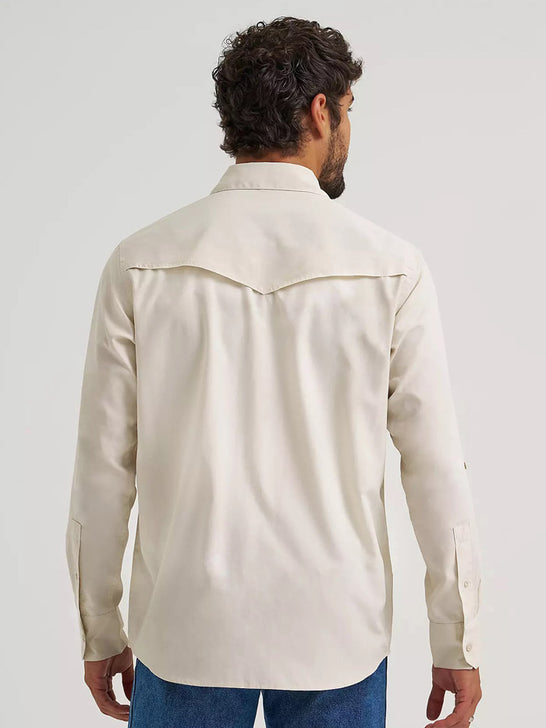 Wrangler 112360557 Mens ATG Drover Utility Shirt Pelican Beige back view. If you need any assistance with this item or the purchase of this item please call us at five six one seven four eight eight eight zero one Monday through Saturday 10:00a.m EST to 8:00 p.m EST