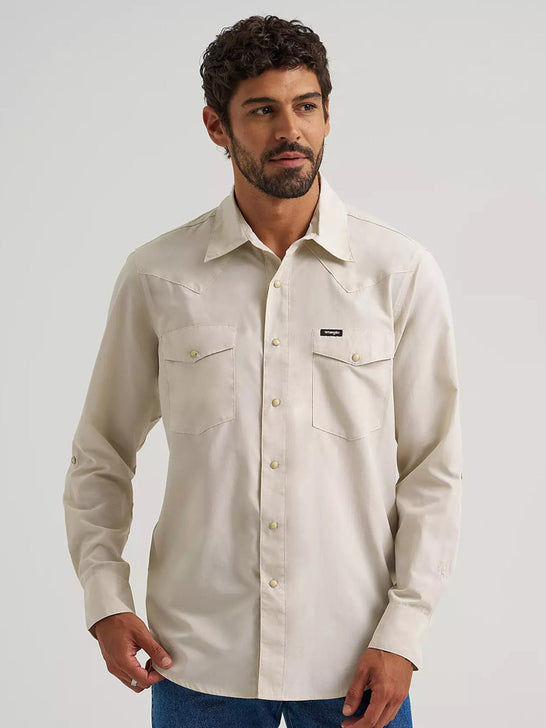 Wrangler 112360557 Mens ATG Drover Utility Shirt Pelican Beige front view. If you need any assistance with this item or the purchase of this item please call us at five six one seven four eight eight eight zero one Monday through Saturday 10:00a.m EST to 8:00 p.m EST