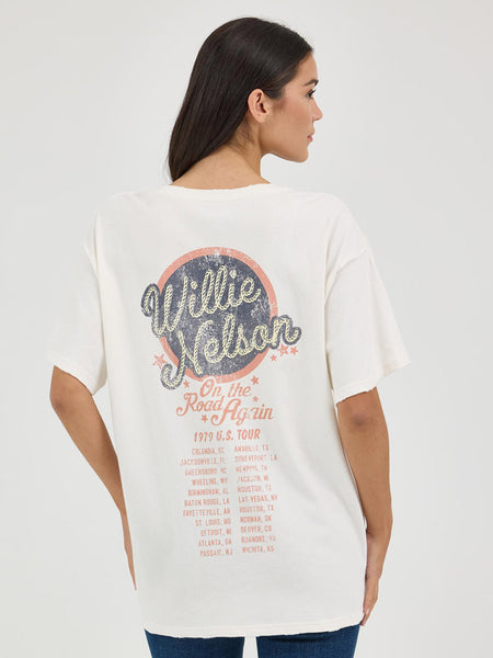Wrangler 112361042 Womens Willie Nelson Oversized Band Tee Marshmallow Ivory back view. If you need any assistance with this item or the purchase of this item please call us at five six one seven four eight eight eight zero one Monday through Saturday 10:00a.m EST to 8:00 p.m EST