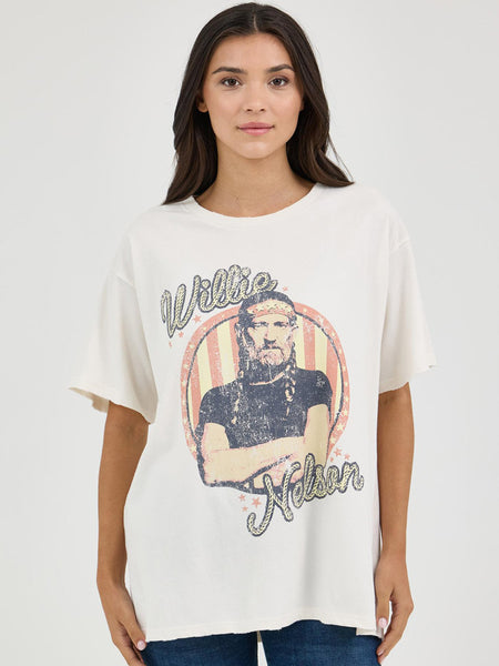 Wrangler 112361042 Womens Willie Nelson Oversized Band Tee Marshmallow Ivory front view. If you need any assistance with this item or the purchase of this item please call us at five six one seven four eight eight eight zero one Monday through Saturday 10:00a.m EST to 8:00 p.m EST
