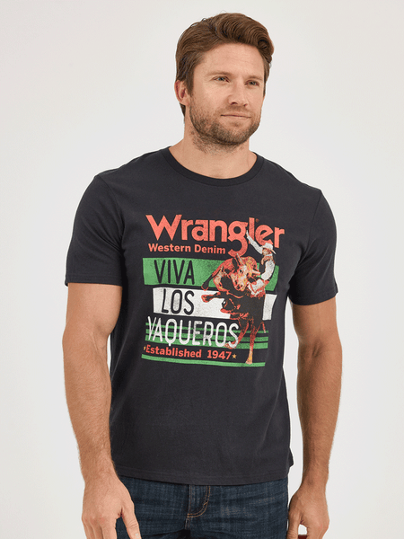 Wrangler 112361850 Mens Viva Los Vaqueros Graphic T-Shirt Washed Black front view. If you need any assistance with this item or the purchase of this item please call us at five six one seven four eight eight eight zero one Monday through Saturday 10:00a.m EST to 8:00 p.m EST
