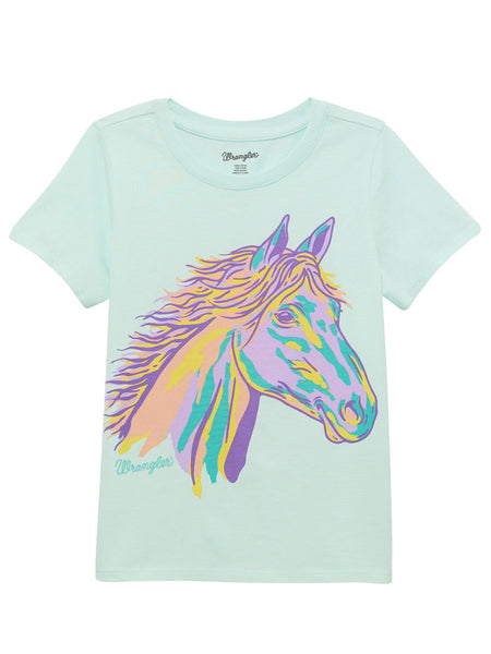 Wrangler 112364273 Girls Short Sleeve Graphic T-Shirt Teal front view. If you need any assistance with this item or the purchase of this item please call us at five six one seven four eight eight eight zero one Monday through Saturday 10:00a.m EST to 8:00 p.m EST