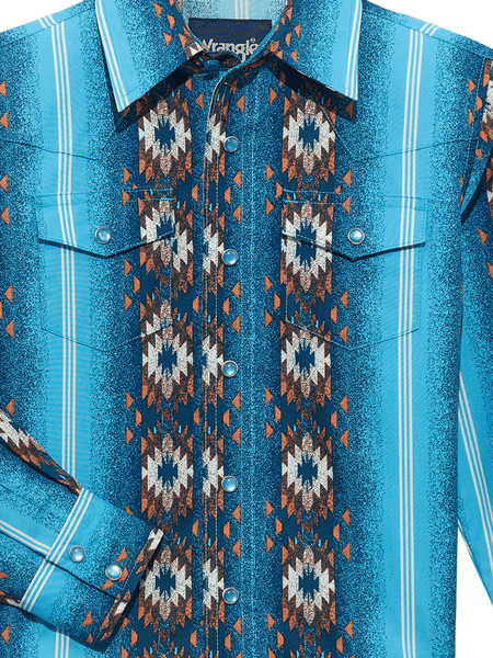 Wrangler 112365829 Kids Checotah Long Sleeve Snap Shirt Blue front close up view. If you need any assistance with this item or the purchase of this item please call us at five six one seven four eight eight eight zero one Monday through Saturday 10:00a.m EST to 8:00 p.m EST