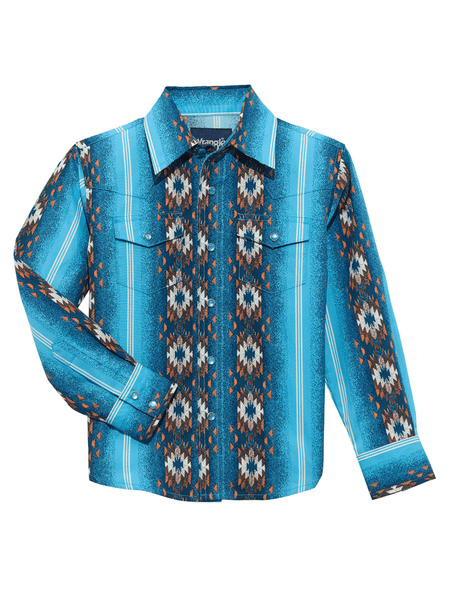 Wrangler 112365829 Kids Checotah Long Sleeve Snap Shirt Blue front view. If you need any assistance with this item or the purchase of this item please call us at five six one seven four eight eight eight zero one Monday through Saturday 10:00a.m EST to 8:00 p.m EST
