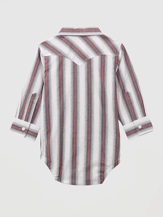 Wrangler 112369514 Infants Long Sleeve Western Bodysuit Brushpopper Red Stripe back view. If you need any assistance with this item or the purchase of this item please call us at five six one seven four eight eight eight zero one Monday through Saturday 10:00a.m EST to 8:00 p.m EST