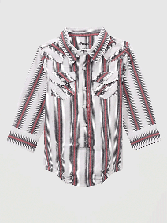 Wrangler 112369514 Infants Long Sleeve Western Bodysuit Brushpopper Red Stripe front view. If you need any assistance with this item or the purchase of this item please call us at five six one seven four eight eight eight zero one Monday through Saturday 10:00a.m EST to 8:00 p.m EST