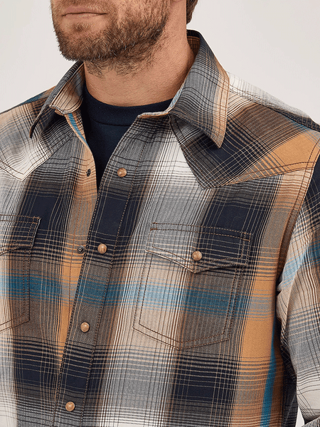 Wrangler 112369842 Mens Retro Premium Long Sleeve Plaid Shirt Bold Brown close up. If you need any assistance with this item or the purchase of this item please call us at five six one seven four eight eight eight zero one Monday through Saturday 10:00a.m EST to 8:00 p.m EST