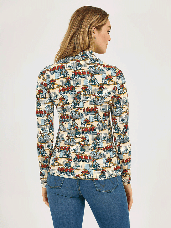 Wrangler 112371629 Womens Western Print Mock Neck Shirt Blue back view. If you need any assistance with this item or the purchase of this item please call us at five six one seven four eight eight eight zero one Monday through Saturday 10:00a.m EST to 8:00 p.m EST
