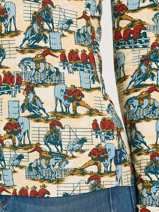 Wrangler 112371629 Womens Western Print Mock Neck Shirt Blue close up. If you need any assistance with this item or the purchase of this item please call us at five six one seven four eight eight eight zero one Monday through Saturday 10:00a.m EST to 8:00 p.m EST