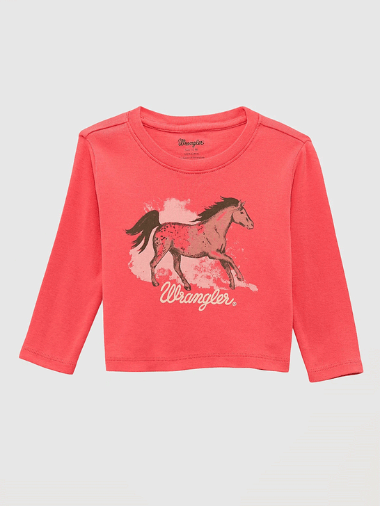 Wrangler 112371937 Little Girls Western Graphic Long Sleeve Tee Pink Horse front view. If you need any assistance with this item or the purchase of this item please call us at five six one seven four eight eight eight zero one Monday through Saturday 10:00a.m EST to 8:00 p.m EST