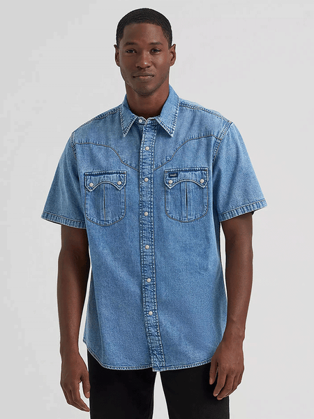 Wrangler 112374816 Mens Vintage Sculpted Yoke Snap Shirt Light Wash Denim front view. If you need any assistance with this item or the purchase of this item please call us at five six one seven four eight eight eight zero one Monday through Saturday 10:00a.m EST to 8:00 p.m EST