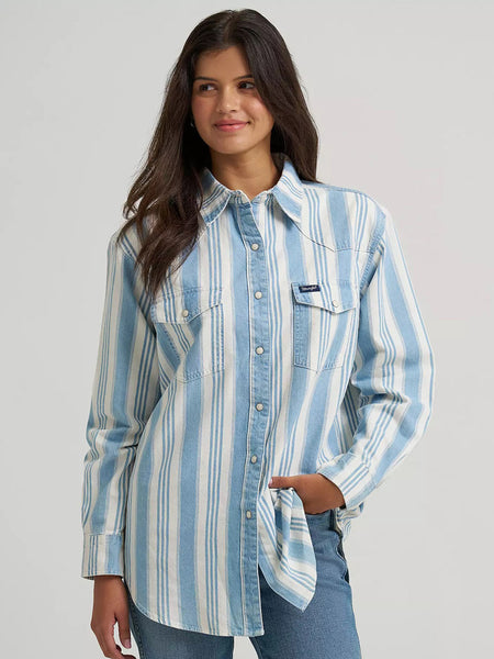 Wrangler 112374906 Womens Brushpopper Boyfriend Western Snap Shirt Pale Blue front view. If you need any assistance with this item or the purchase of this item please call us at five six one seven four eight eight eight zero one Monday through Saturday 10:00a.m EST to 8:00 p.m EST
