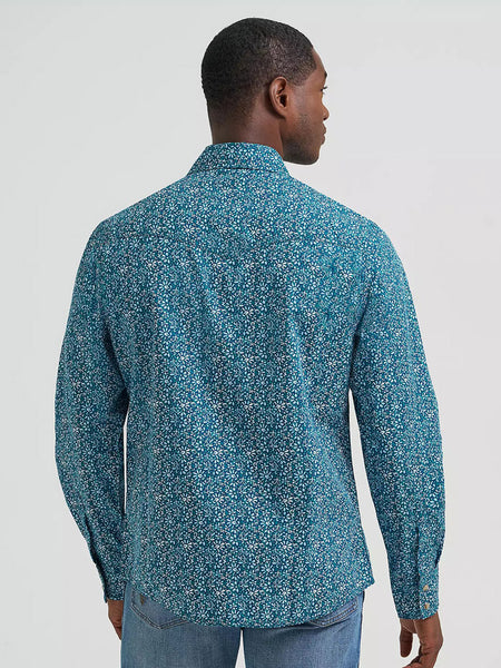 Wrangler 112374954 Mens Retro Premium Long Sleeve Printed Shirt Happy Teal back view. If you need any assistance with this item or the purchase of this item please call us at five six one seven four eight eight eight zero one Monday through Saturday 10:00a.m EST to 8:00 p.m EST