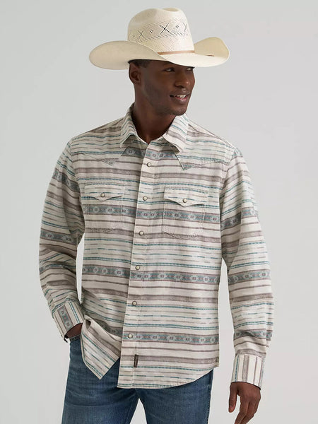 Wrangler 112374977 Mens Retro Premium Long Sleeve Printed Shirt Natural front view. If you need any assistance with this item or the purchase of this item please call us at five six one seven four eight eight eight zero one Monday through Saturday 10:00a.m EST to 8:00 p.m EST