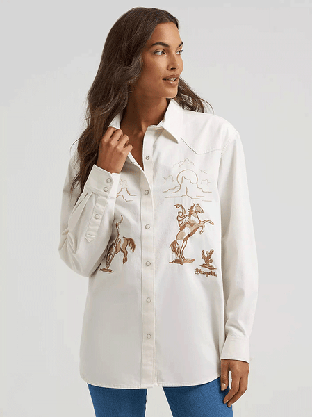 Wrangler 112375070 Womens Embroidered Boyfriend Western Snap Denim Shirt Cream front view. If you need any assistance with this item or the purchase of this item please call us at five six one seven four eight eight eight zero one Monday through Saturday 10:00a.m EST to 8:00 p.m EST