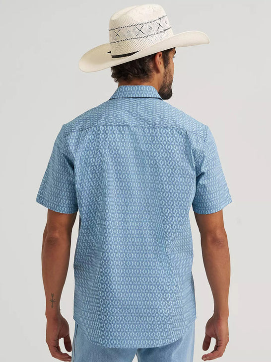 Wrangler 112375142 Mens All Terrain Gear Hike Short Sleeve Shirt Ombre Blue back view. If you need any assistance with this item or the purchase of this item please call us at five six one seven four eight eight eight zero one Monday through Saturday 10:00a.m EST to 8:00 p.m EST