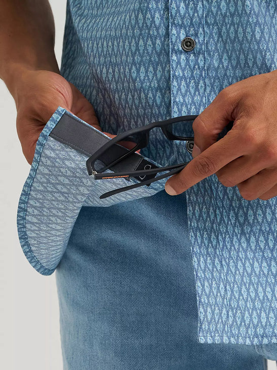 Wrangler 112375142 Mens All Terrain Gear Hike Short Sleeve Shirt Ombre Blue inside view. If you need any assistance with this item or the purchase of this item please call us at five six one seven four eight eight eight zero one Monday through Saturday 10:00a.m EST to 8:00 p.m EST